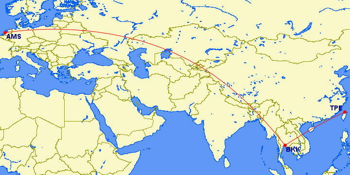 GreatCircleMapper Eva Air AMS-BKK-TPE