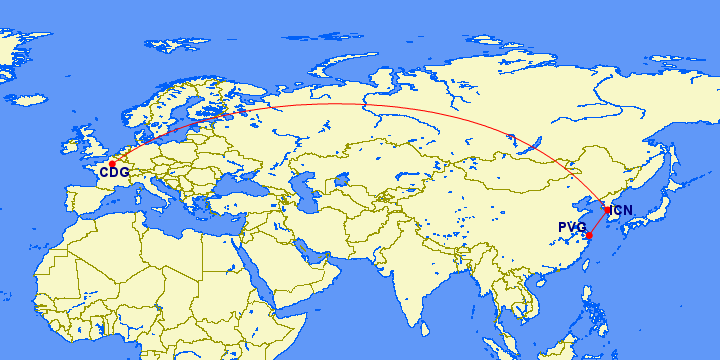 AF CDG-ICN-PVG ©GreatCircleMapper