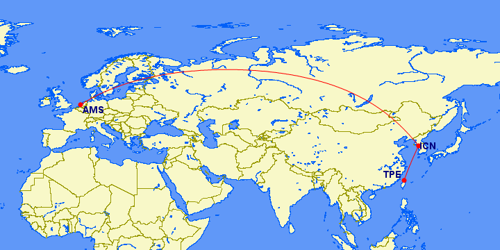 AMS-ICN-TPE ©GreatCircleMapper