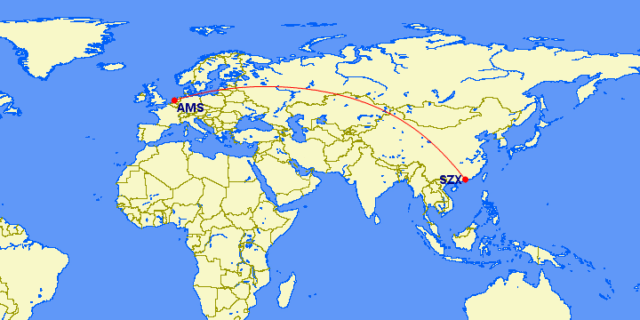 Amsterdam - Shenzhen China Southern ©GCMap