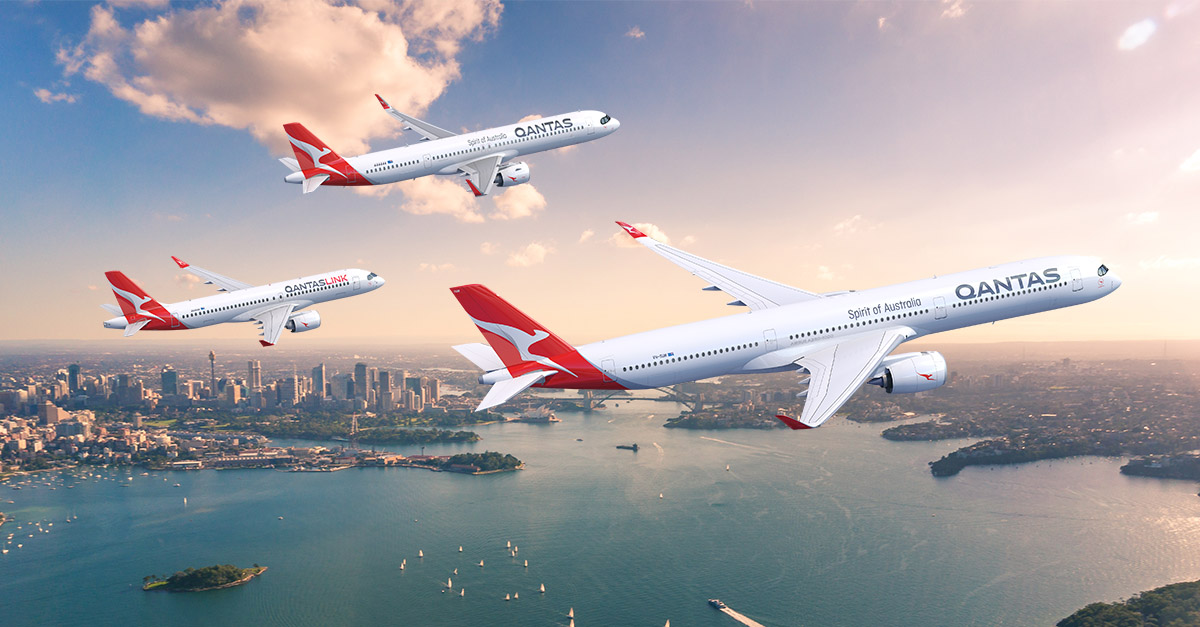 Qantas Airbus A350-1000, A321XLR and A220-300 render (Bron: Qantas)