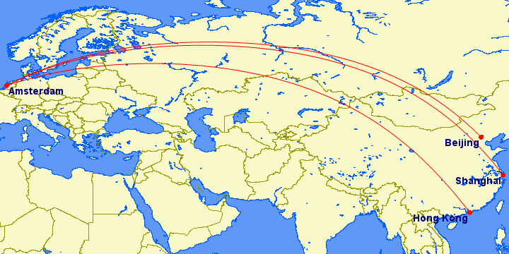 Amsterdam - China met KLM ©GreatCircleMapper