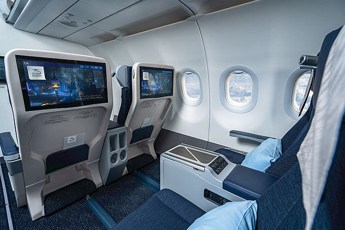 Business Class cabine aan boord van de Airbus A320neo van Kuwait Airways (Bron: Kuwait Airways)